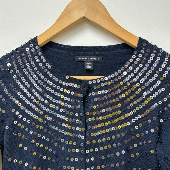 Banana Republic Cardigan Navy Blue Sequin Design Front Round Neck Size S - Picture 1 of 7